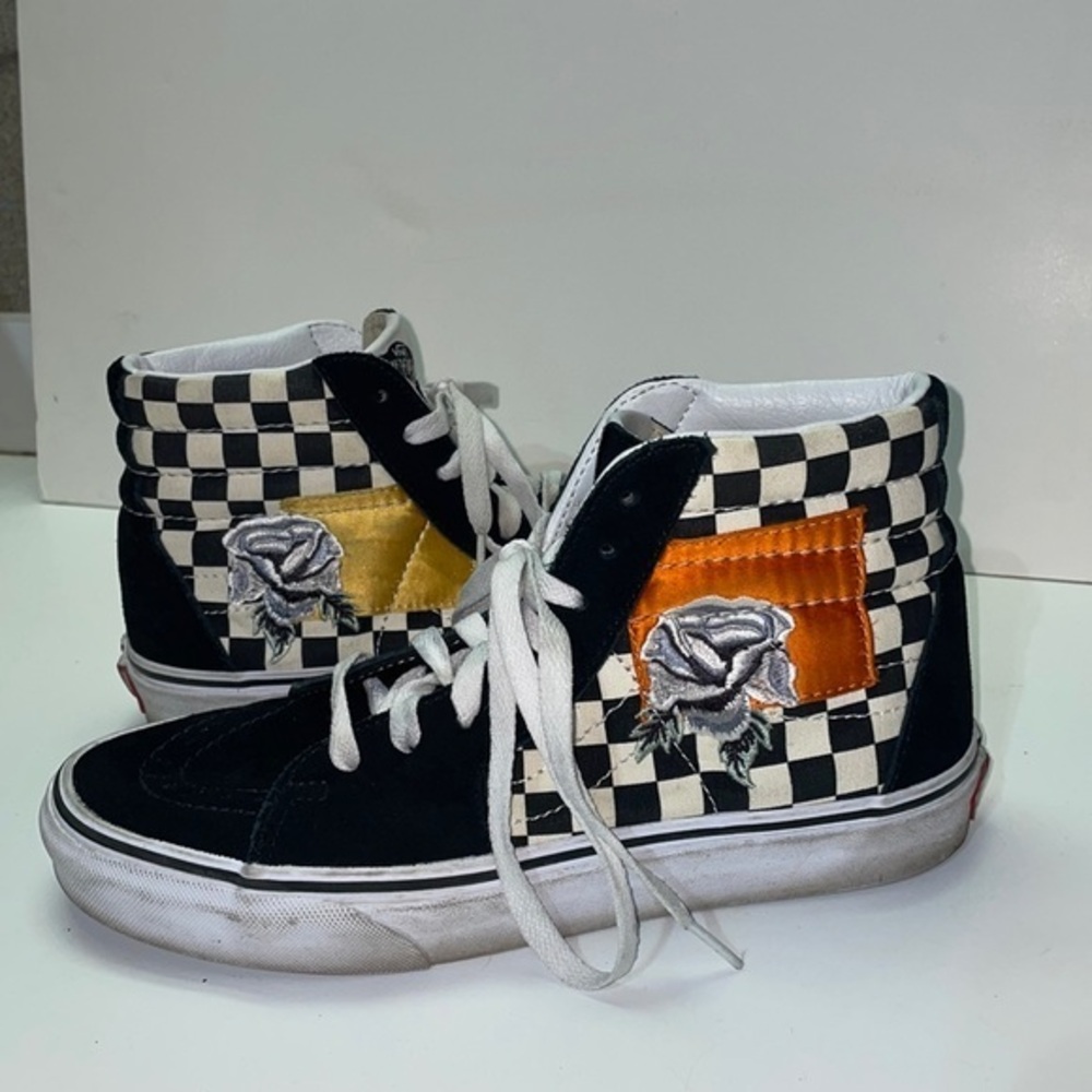 Vans, black suede canvas, checkerboard satin rose, high tops roses old skool